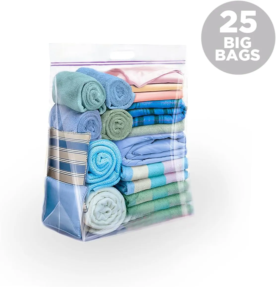 [ 25 BAGS ] JUMBO SIZE Travel Bags - With HANDLES - Heavy Duty Materials - DOUBLE ZIPPER TOP - 8 Gallon Bag Size 22" x 22" - Summer Travel, Picnics, Beach, Pool, Vacation, 25 pound Turkey Brining Bags