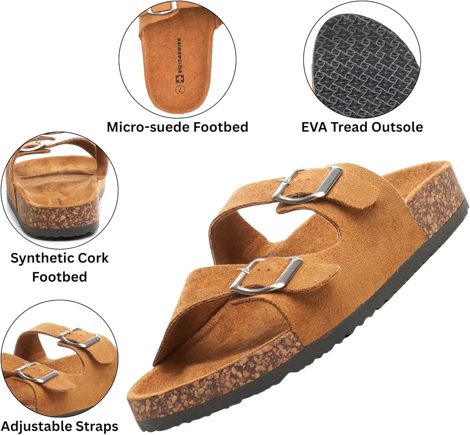 Alpine Swiss Womens Double Strap Contour Sandals | Adjustable Buckle Slides | Vegan Leather Footbed Sandals | Ergonomic Cork-Inspired Sole | Casual Summer Footwear Slip On Slides with Buckles