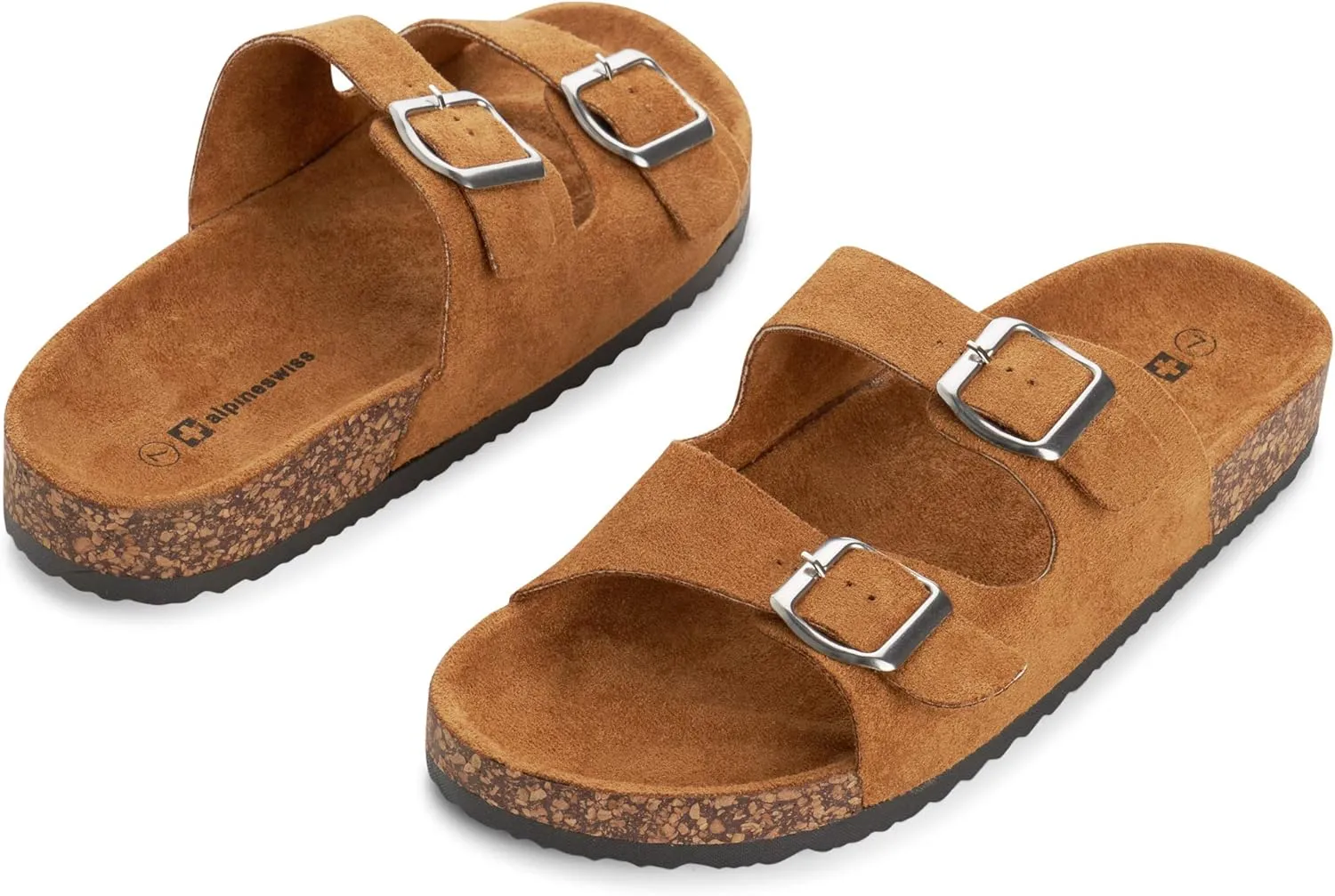 Alpine Swiss Womens Double Strap Contour Sandals | Adjustable Buckle Slides | Vegan Leather Footbed Sandals | Ergonomic Cork-Inspired Sole | Casual Summer Footwear Slip On Slides with Buckles