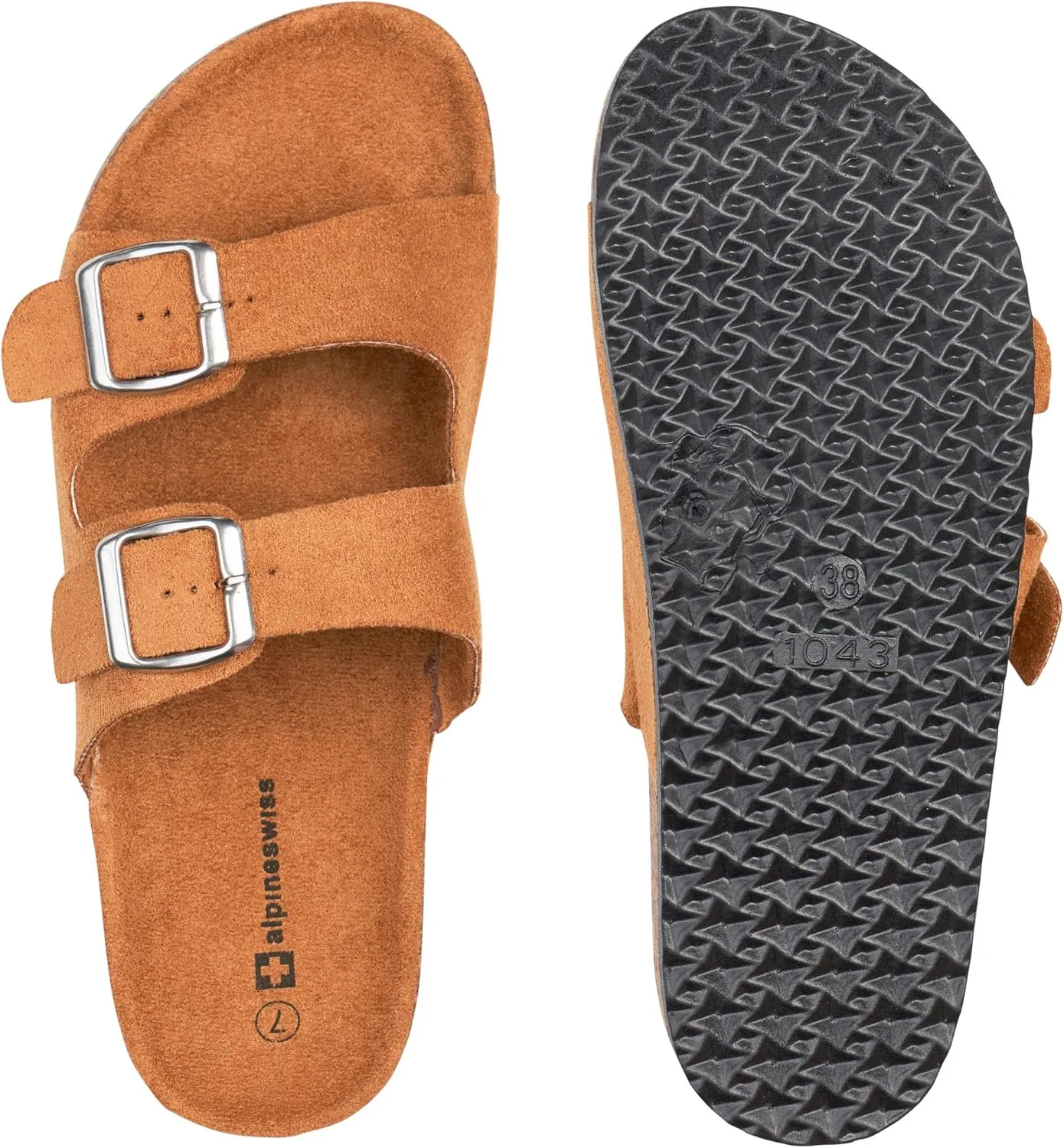 Alpine Swiss Womens Double Strap Contour Sandals | Adjustable Buckle Slides | Vegan Leather Footbed Sandals | Ergonomic Cork-Inspired Sole | Casual Summer Footwear Slip On Slides with Buckles