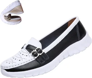 AngryMonkey Women's Leather Slip On Penny Loafers,Lightweight Cutout Breathe Comfort Orthotic Cushion Softsole Walking Shoes
