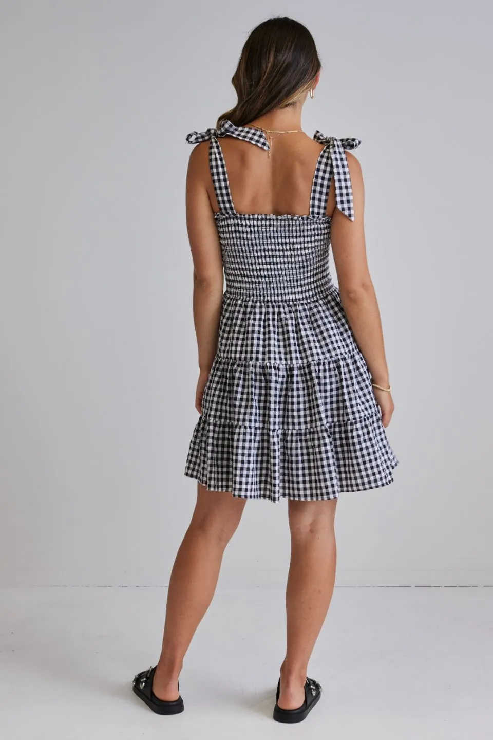 Arabella Black and White EOL Gingham Shirred Tie Strappy Mini Dress