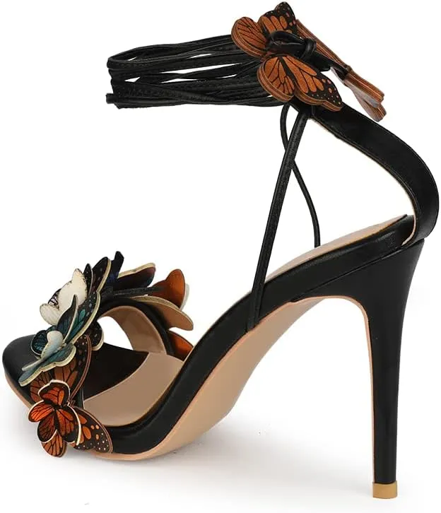Arqa Strappy Sandals for Women Butterfly Ankle Wrap Stiletto High Heels Open Toe Suede Lace-up Heeled Sandal Wedding Bride Dressy Pumps