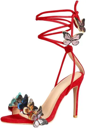 Arqa Strappy Sandals for Women Butterfly Ankle Wrap Stiletto High Heels Open Toe Suede Lace-up Heeled Sandal Wedding Bride Dressy Pumps
