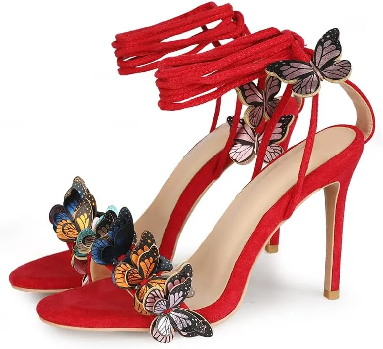 Arqa Strappy Sandals for Women Butterfly Ankle Wrap Stiletto High Heels Open Toe Suede Lace-up Heeled Sandal Wedding Bride Dressy Pumps