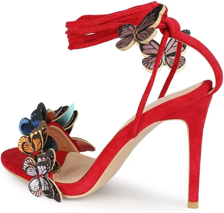 Arqa Strappy Sandals for Women Butterfly Ankle Wrap Stiletto High Heels Open Toe Suede Lace-up Heeled Sandal Wedding Bride Dressy Pumps