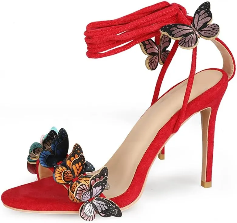 Arqa Strappy Sandals for Women Butterfly Ankle Wrap Stiletto High Heels Open Toe Suede Lace-up Heeled Sandal Wedding Bride Dressy Pumps
