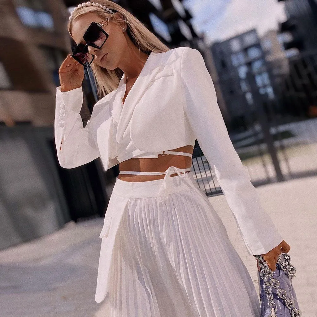 Asymmetric Pleated High Waist Self Tie Blazer Matching Set - White