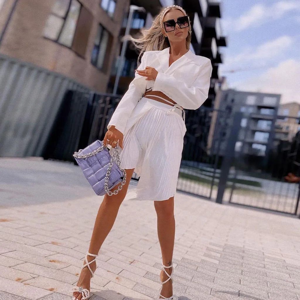 Asymmetric Pleated High Waist Self Tie Blazer Matching Set - White
