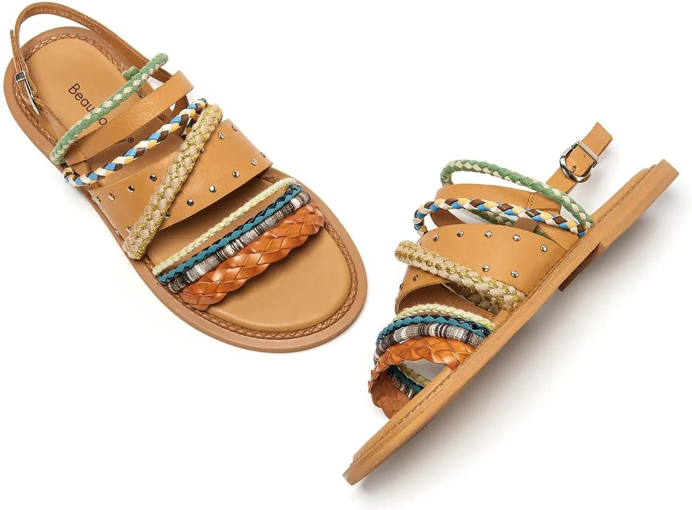 BEAU TODAY Flat Sandals for Women, Fashion Strappy Sandal Comfortable Arch Support Open Toe Beach Dressy Leather Summer Low Platform Sandals
