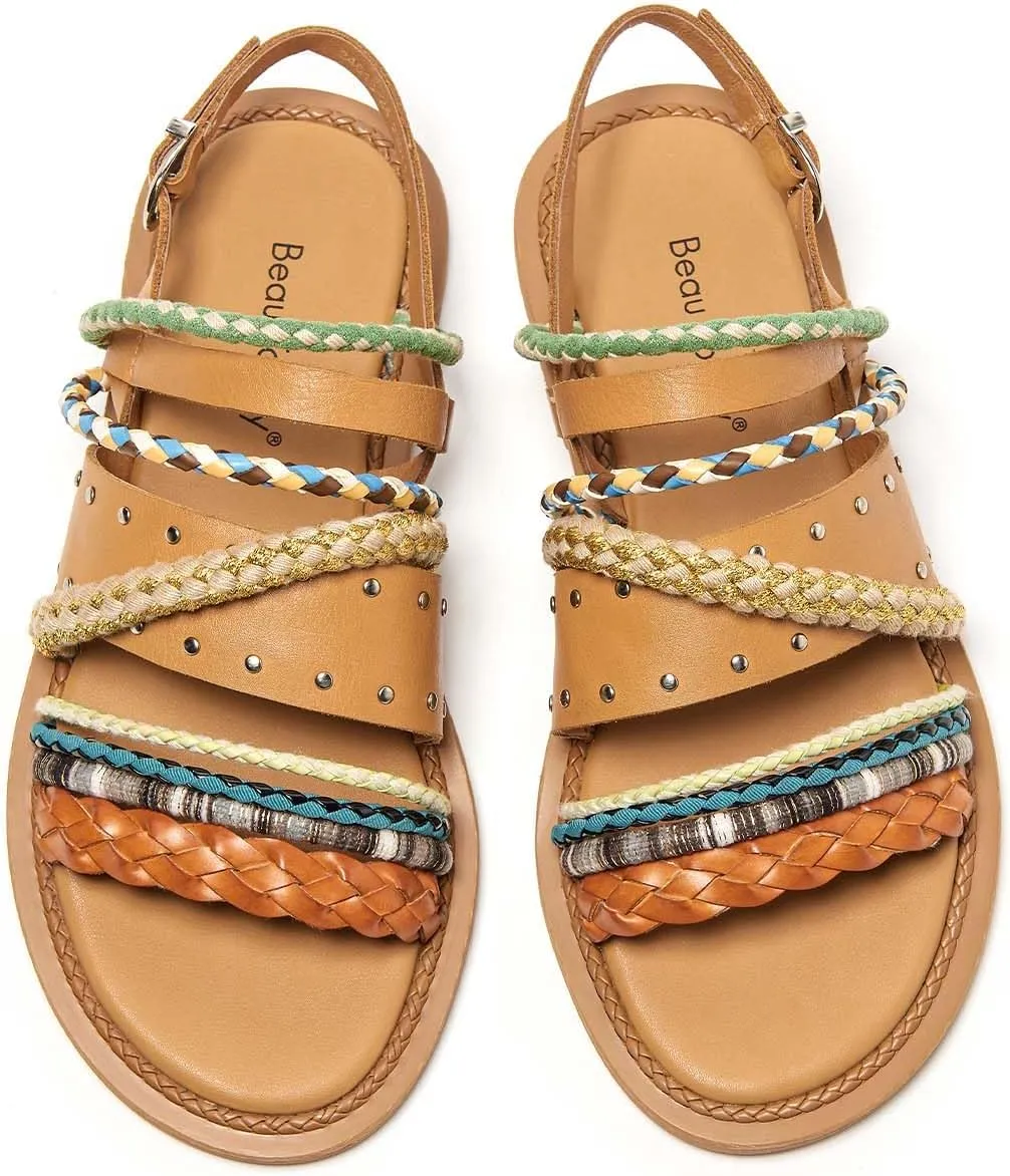 BEAU TODAY Flat Sandals for Women, Fashion Strappy Sandal Comfortable Arch Support Open Toe Beach Dressy Leather Summer Low Platform Sandals