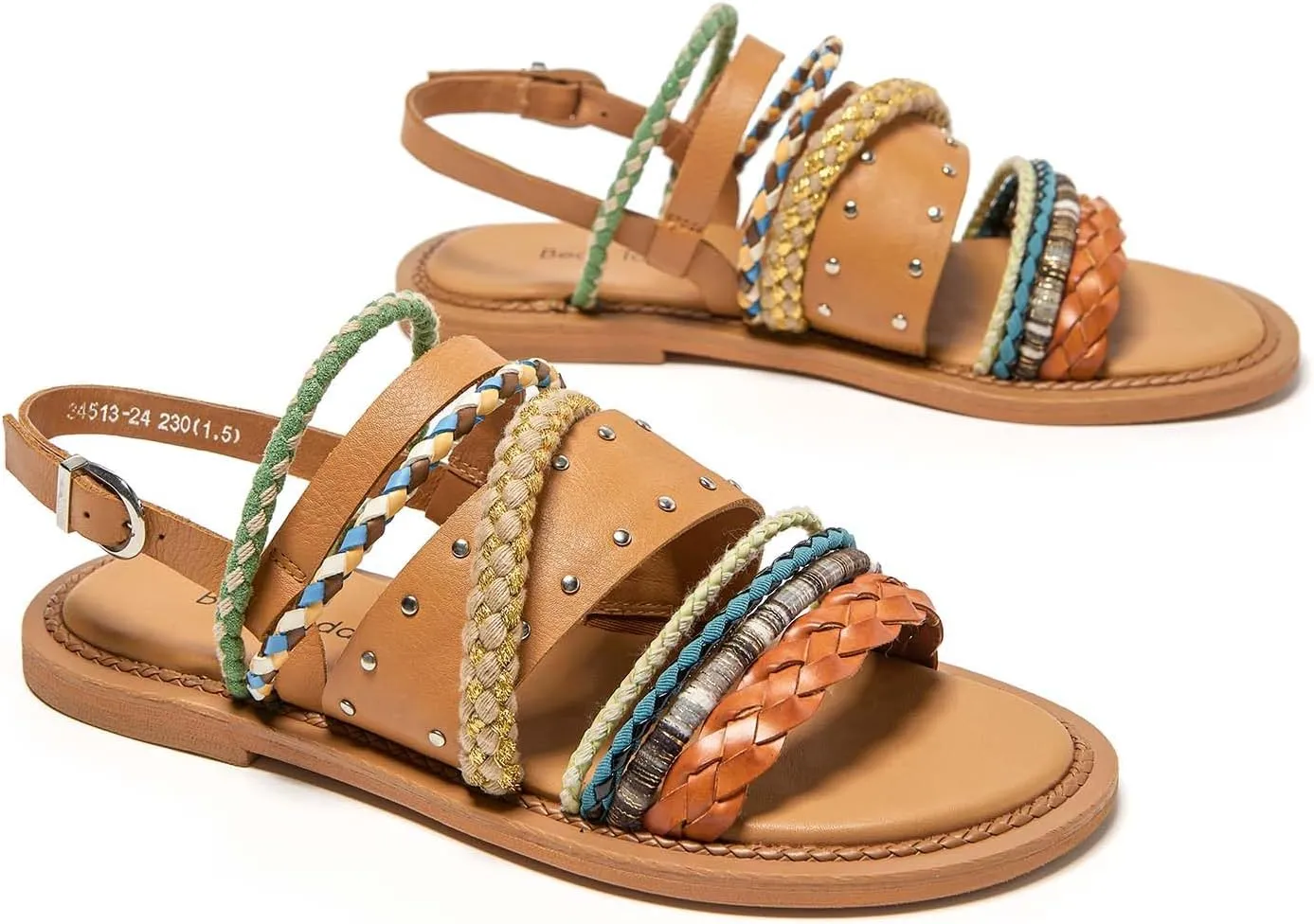 BEAU TODAY Flat Sandals for Women, Fashion Strappy Sandal Comfortable Arch Support Open Toe Beach Dressy Leather Summer Low Platform Sandals