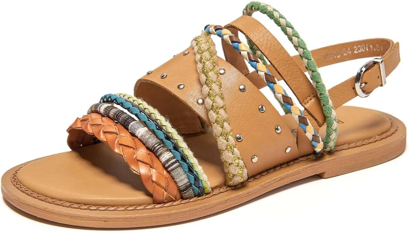 BEAU TODAY Flat Sandals for Women, Fashion Strappy Sandal Comfortable Arch Support Open Toe Beach Dressy Leather Summer Low Platform Sandals
