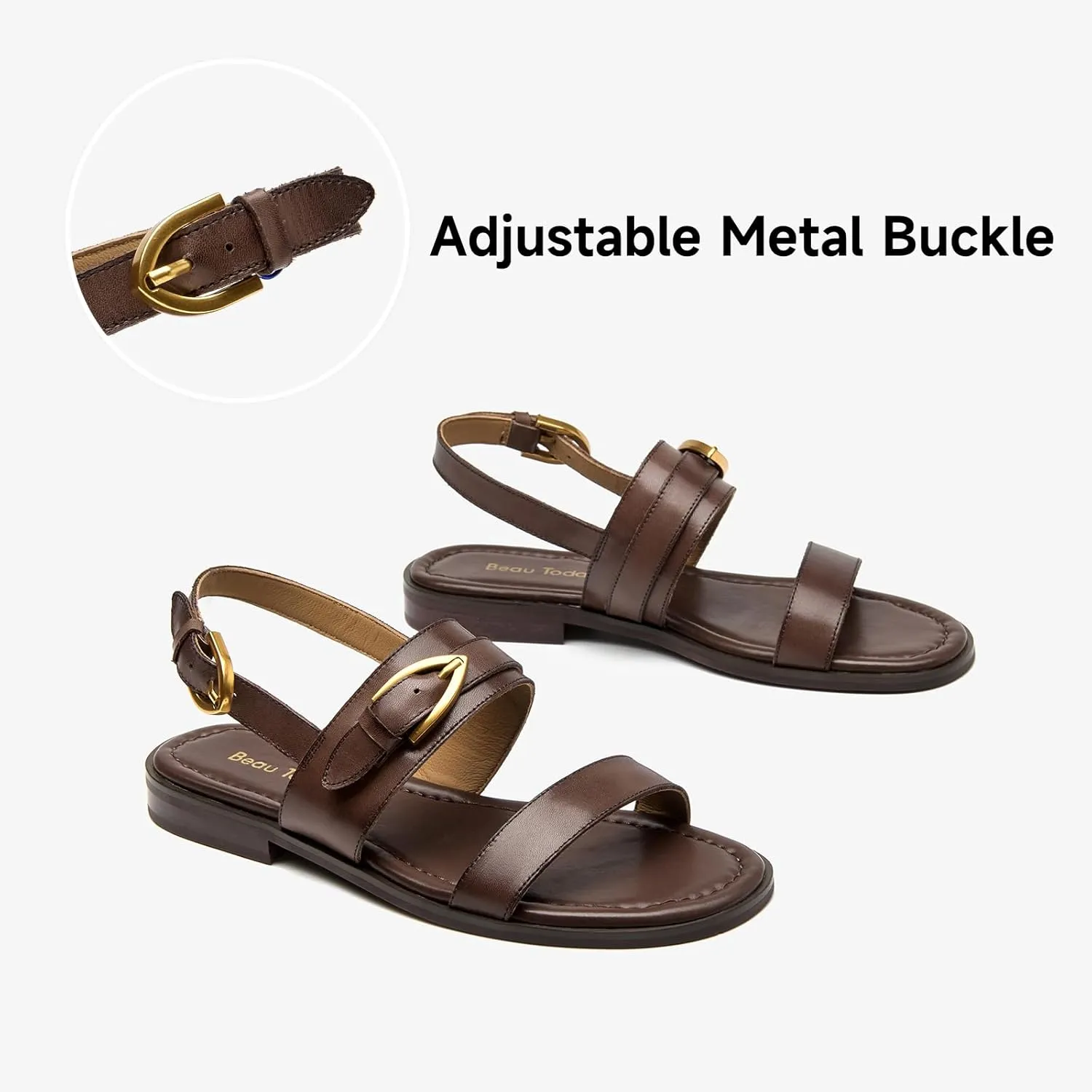 BEAU TODAY Flat Sandals for Women,Adjustable Strappy Sandals for Women,Summer Fashion Comfortable Open-Toe Wide Dress Leather Sandals for Vacation Hiking