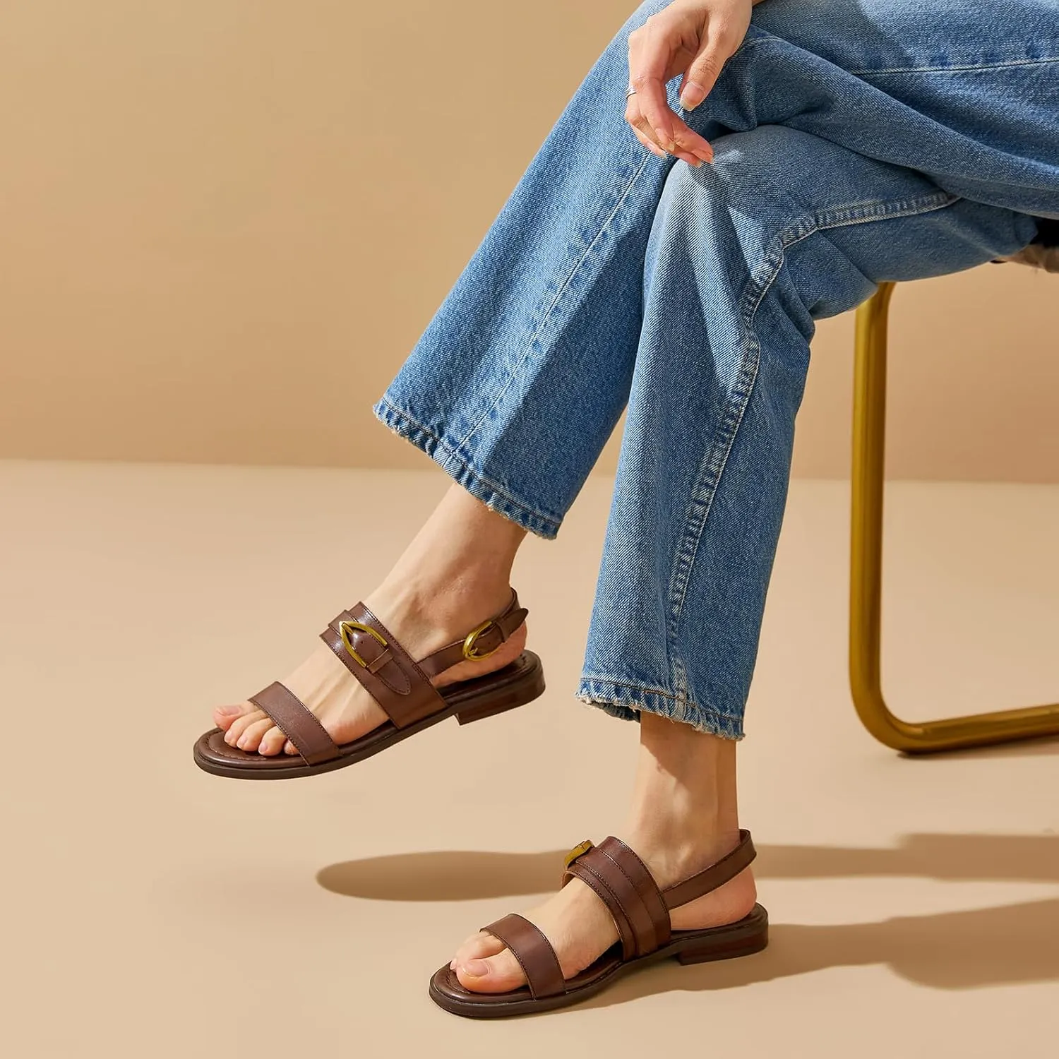 BEAU TODAY Flat Sandals for Women,Adjustable Strappy Sandals for Women,Summer Fashion Comfortable Open-Toe Wide Dress Leather Sandals for Vacation Hiking
