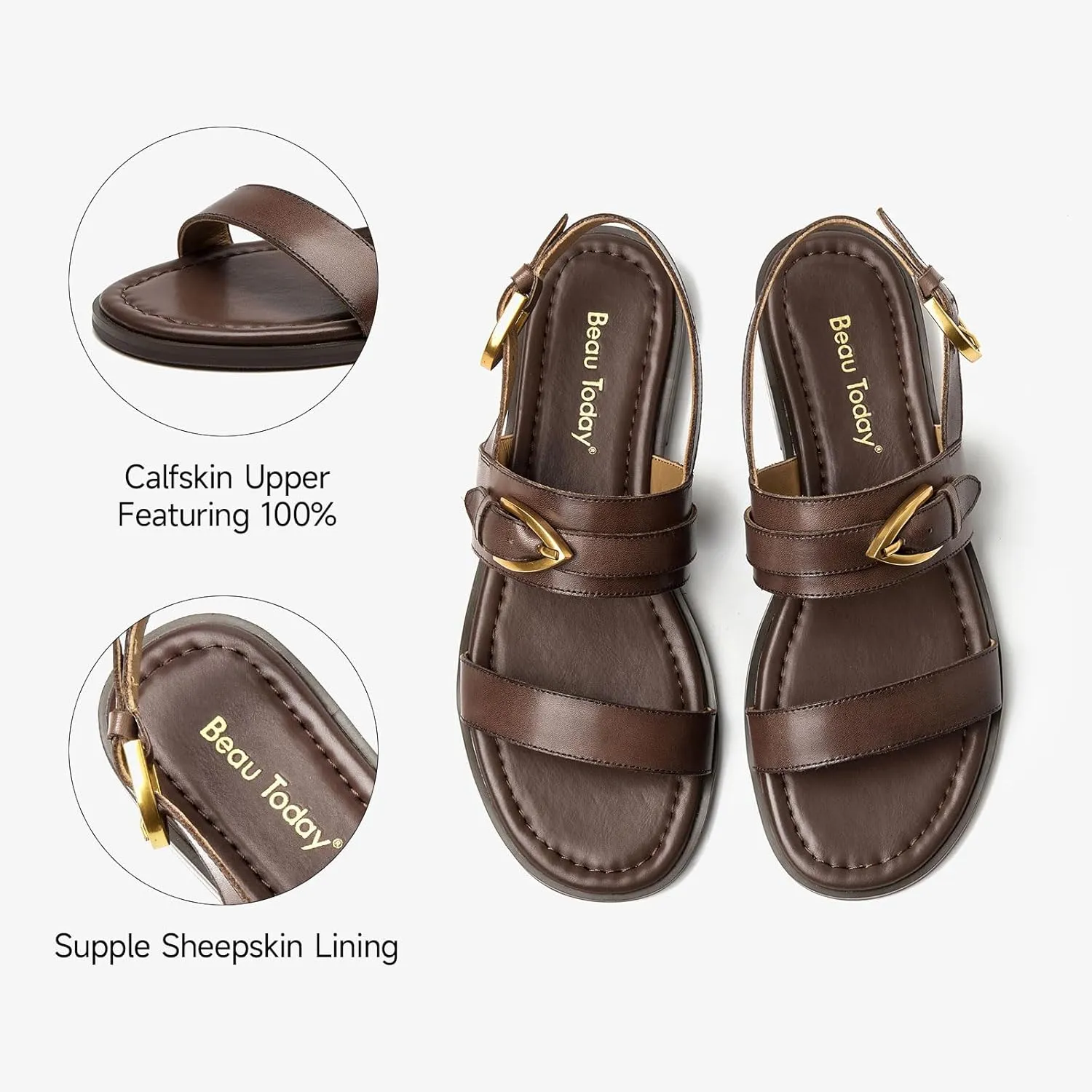BEAU TODAY Flat Sandals for Women,Adjustable Strappy Sandals for Women,Summer Fashion Comfortable Open-Toe Wide Dress Leather Sandals for Vacation Hiking
