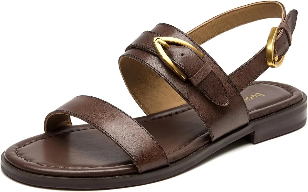 BEAU TODAY Flat Sandals for Women,Adjustable Strappy Sandals for Women,Summer Fashion Comfortable Open-Toe Wide Dress Leather Sandals for Vacation Hiking