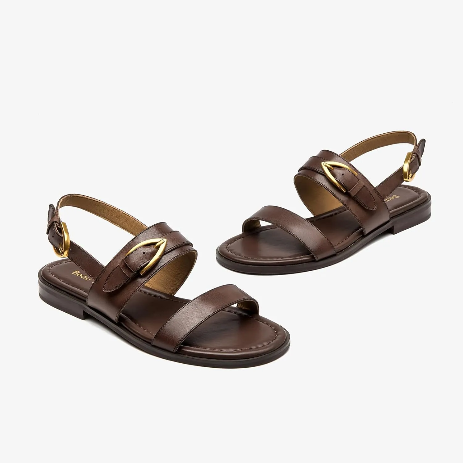 BEAU TODAY Flat Sandals for Women,Adjustable Strappy Sandals for Women,Summer Fashion Comfortable Open-Toe Wide Dress Leather Sandals for Vacation Hiking