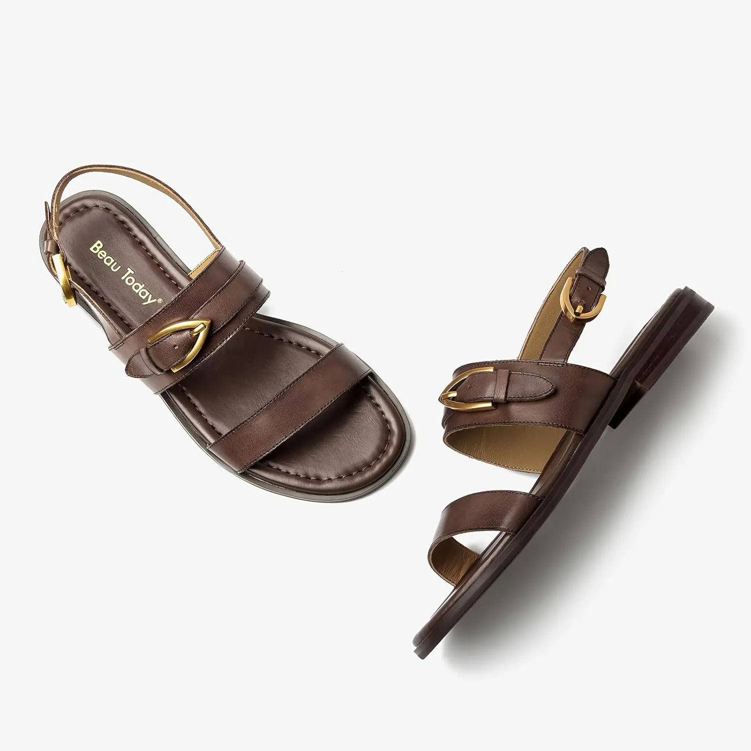 BEAU TODAY Flat Sandals for Women,Adjustable Strappy Sandals for Women,Summer Fashion Comfortable Open-Toe Wide Dress Leather Sandals for Vacation Hiking