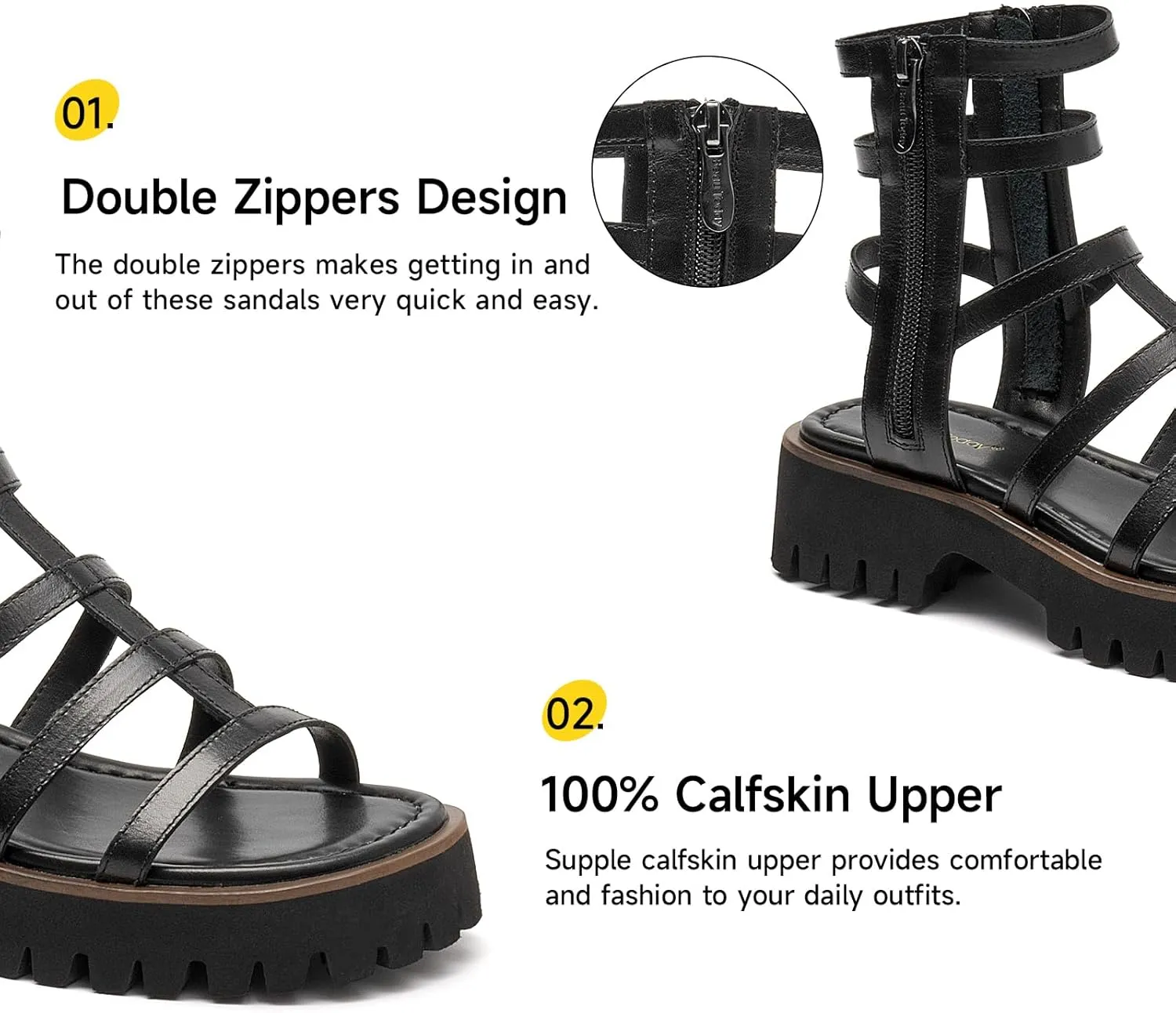 BEAU TODAY Gladiator Sandals for Women,Platform Strappy Sandals for Women,Dressy Comfortable Leather Double Zippers Fashion Roman Sandals for Summer Vacation