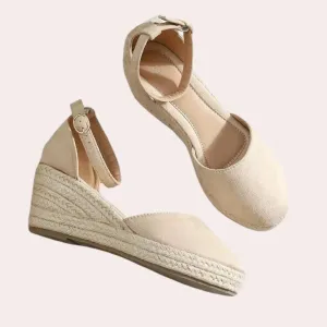 Beige Suede Espadrilles: Closed Toe Wedge Sandals with Ankle Strap