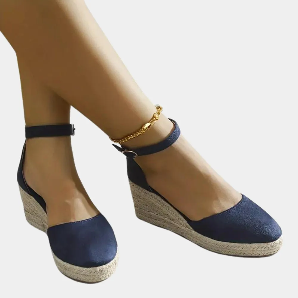 Beige Suede Espadrilles: Closed Toe Wedge Sandals with Ankle Strap