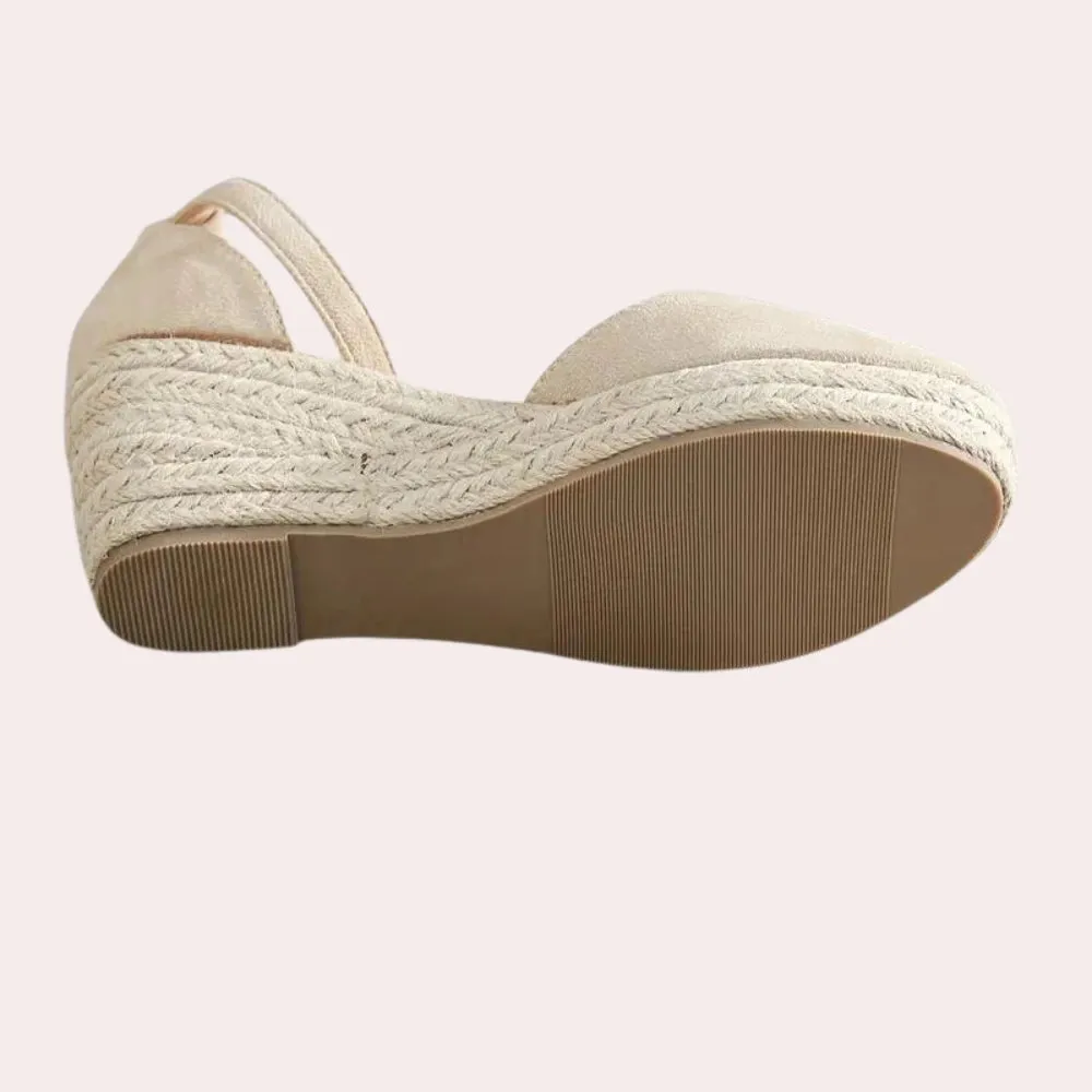 Beige Suede Espadrilles: Closed Toe Wedge Sandals with Ankle Strap