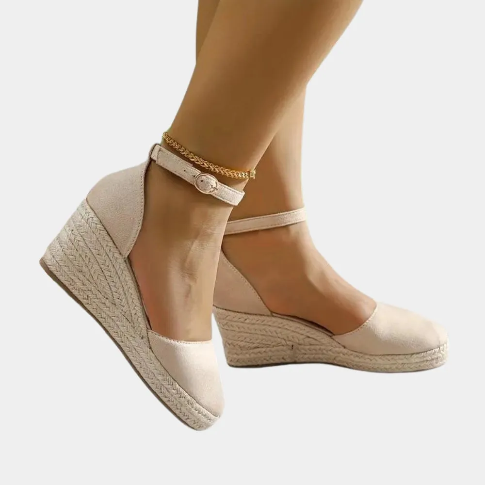 Beige Suede Espadrilles: Closed Toe Wedge Sandals with Ankle Strap