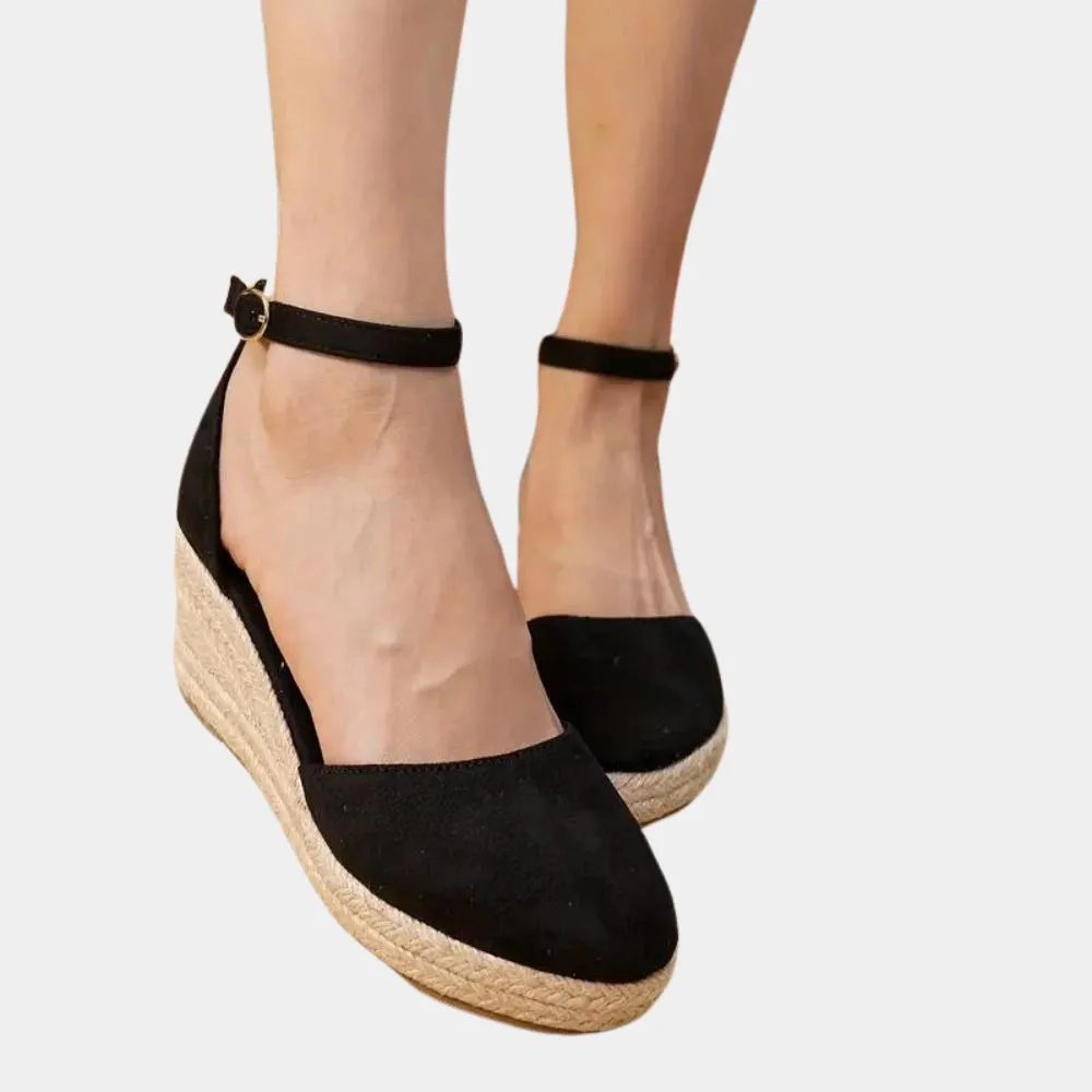 Beige Suede Espadrilles: Closed Toe Wedge Sandals with Ankle Strap
