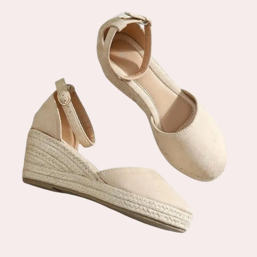 Beige Suede Espadrilles: Closed Toe Wedge Sandals with Ankle Strap