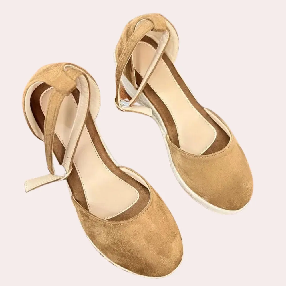 Beige Suede Espadrilles: Closed Toe Wedge Sandals with Ankle Strap