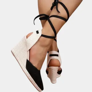 Black & White Lace-Up Open Toe Espadrilles - Women's Summer Sandals