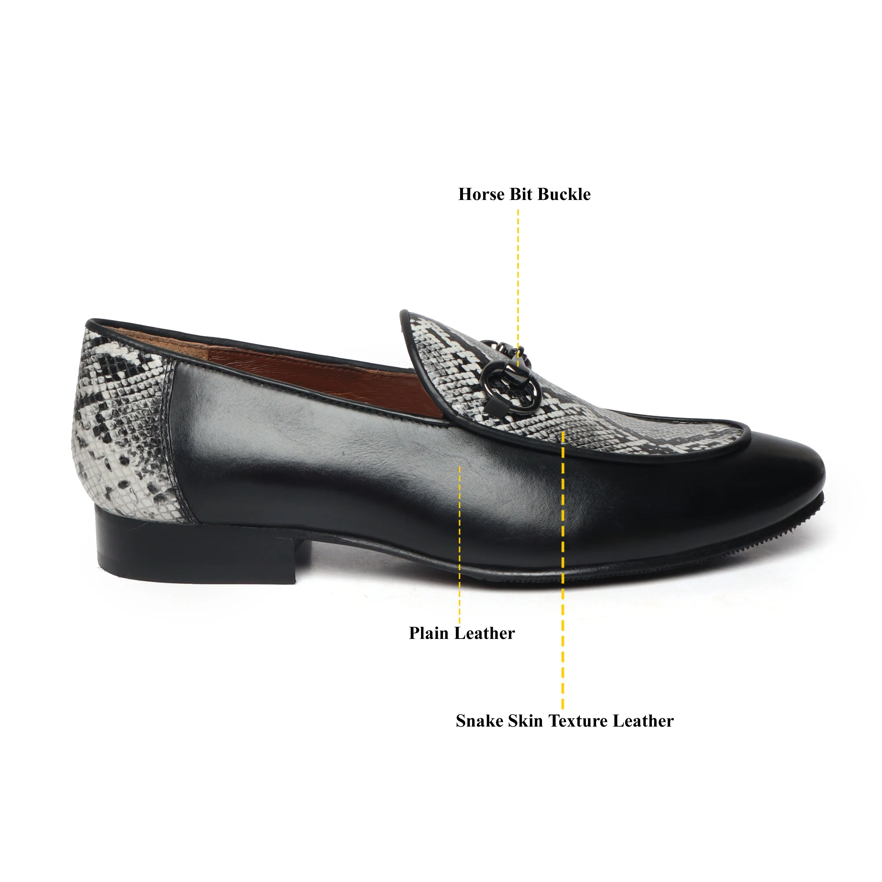 Black Horse-bit Leather Loafers With Snake Print at Vamp