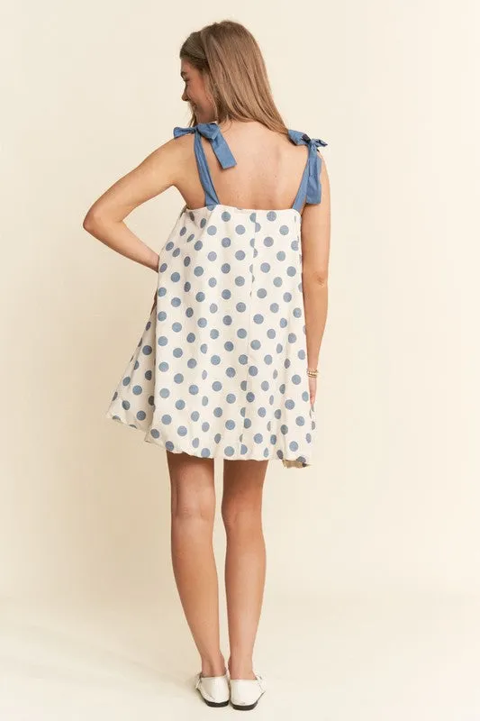 Blue Polka Dot Swing Dress with Shoulder Tie (Preorder) 06-13-25