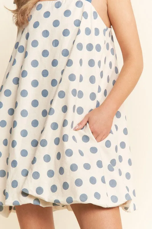 Blue Polka Dot Swing Dress with Shoulder Tie (Preorder) 06-13-25