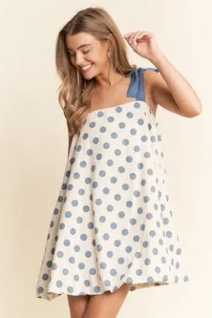 Blue Polka Dot Swing Dress with Shoulder Tie (Preorder) 06-13-25