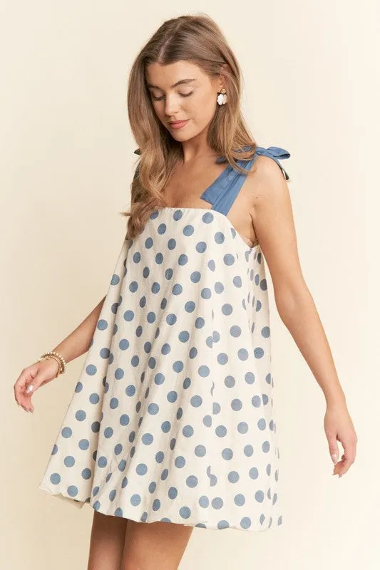 Blue Polka Dot Swing Dress with Shoulder Tie (Preorder) 06-13-25