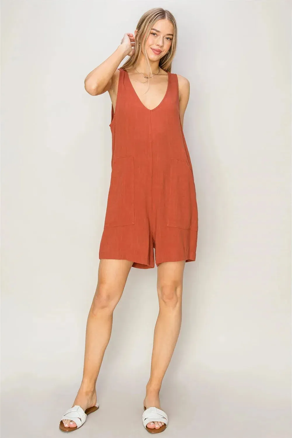 Boho Linen Side Pockets Sleeveless Flowy Romper