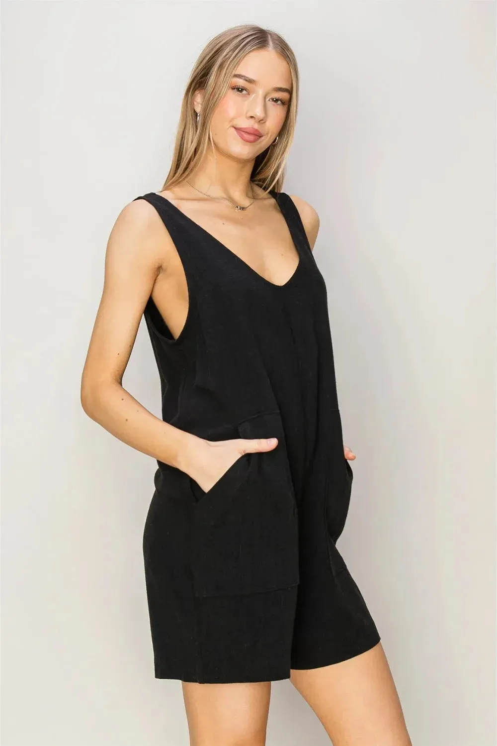 Boho Linen Side Pockets Sleeveless Flowy Romper