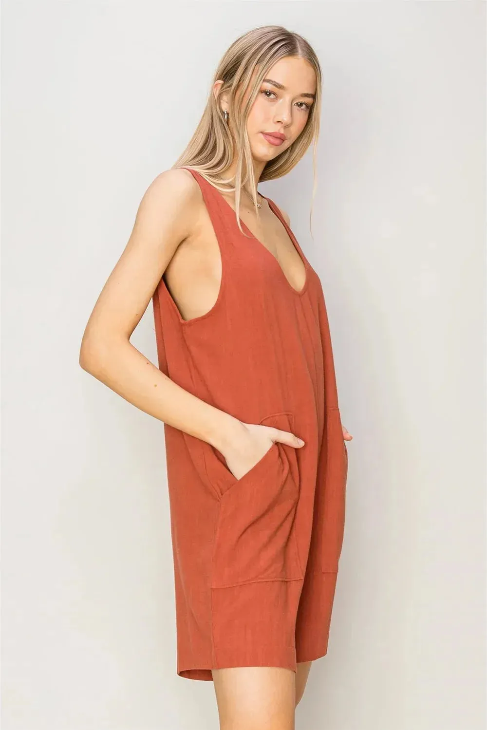 Boho Linen Side Pockets Sleeveless Flowy Romper