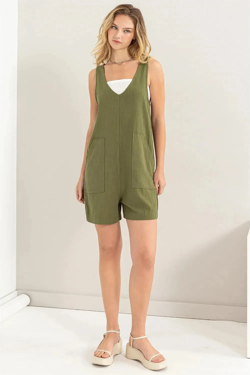 Boho Linen Side Pockets Sleeveless Flowy Romper