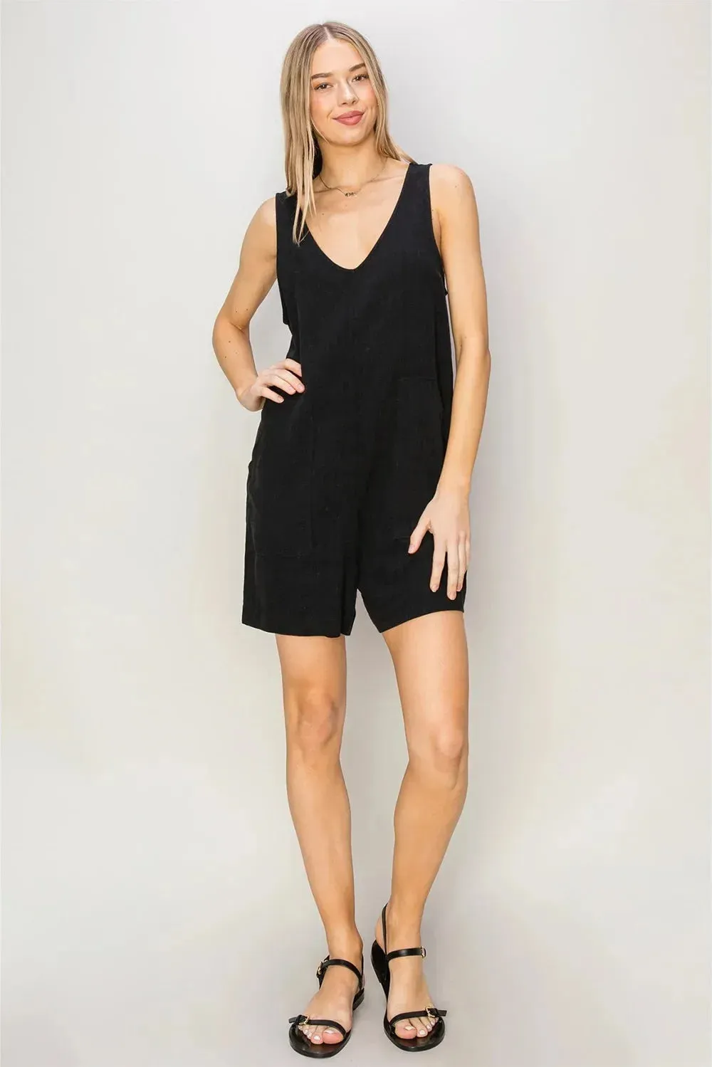 Boho Linen Side Pockets Sleeveless Flowy Romper