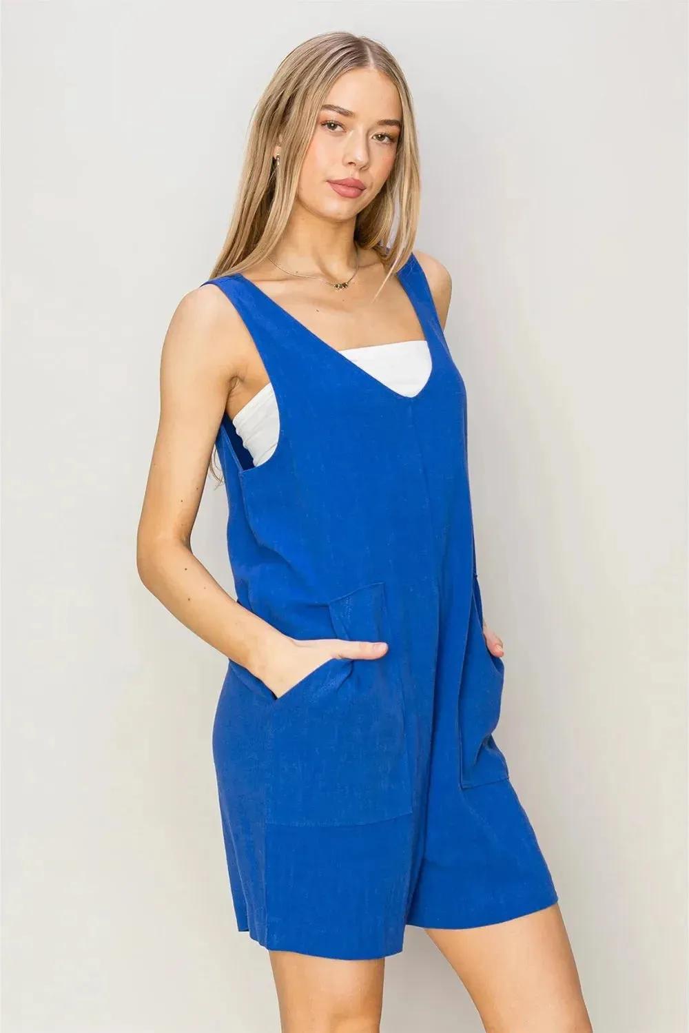 Boho Linen Side Pockets Sleeveless Flowy Romper