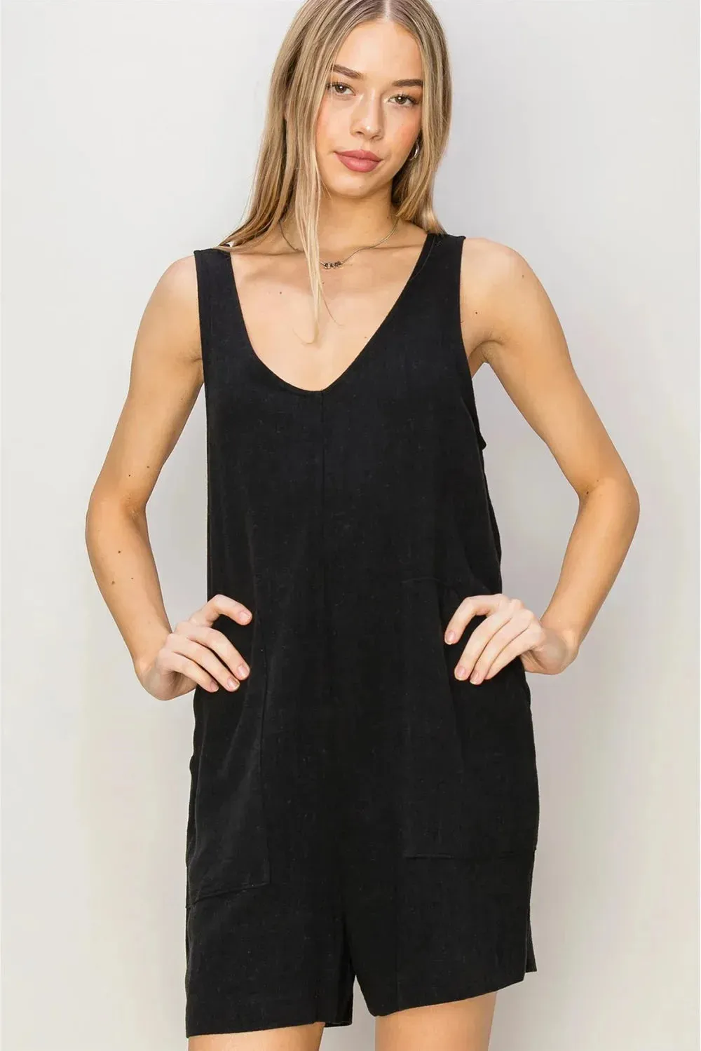 Boho Linen Side Pockets Sleeveless Flowy Romper