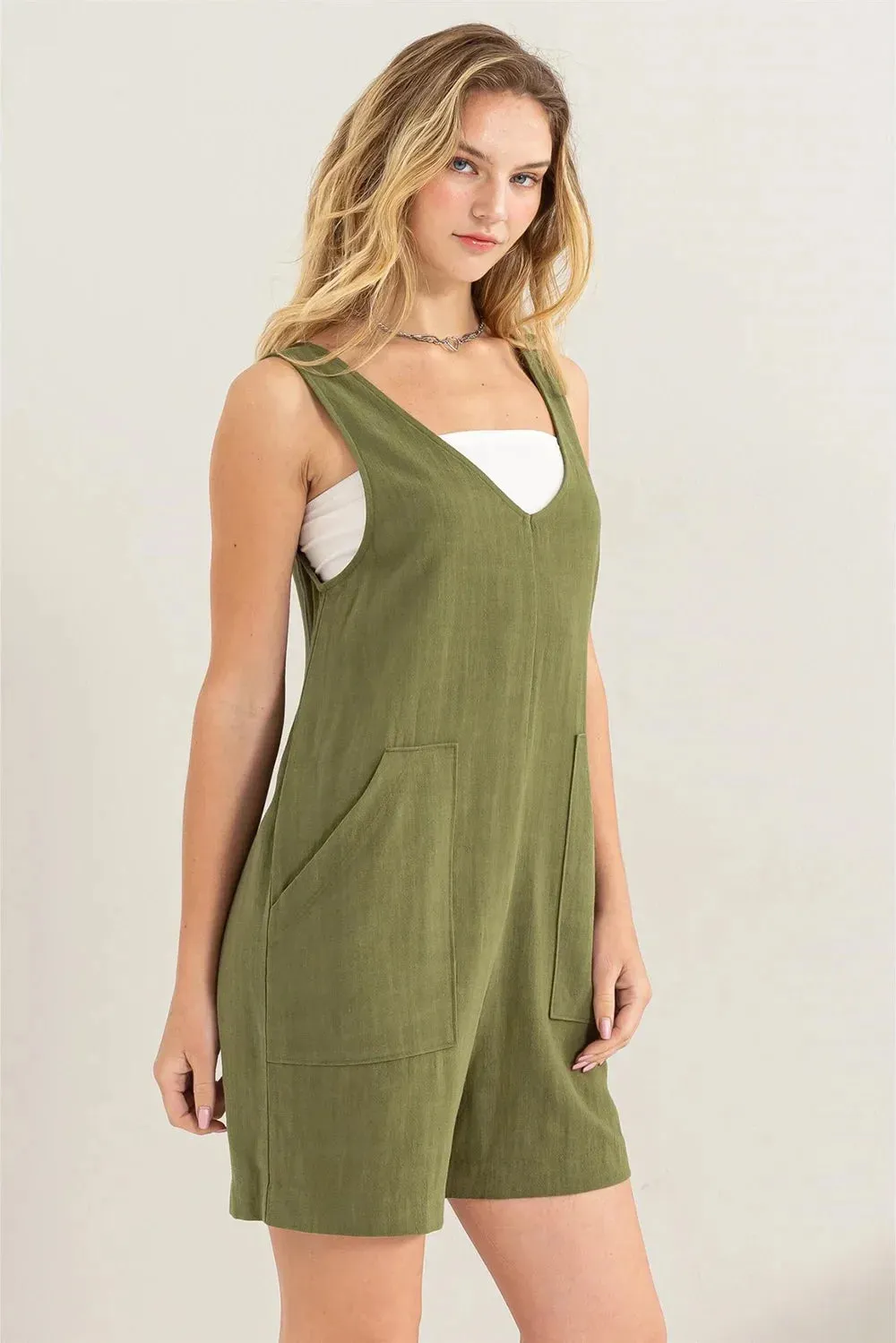 Boho Linen Side Pockets Sleeveless Flowy Romper