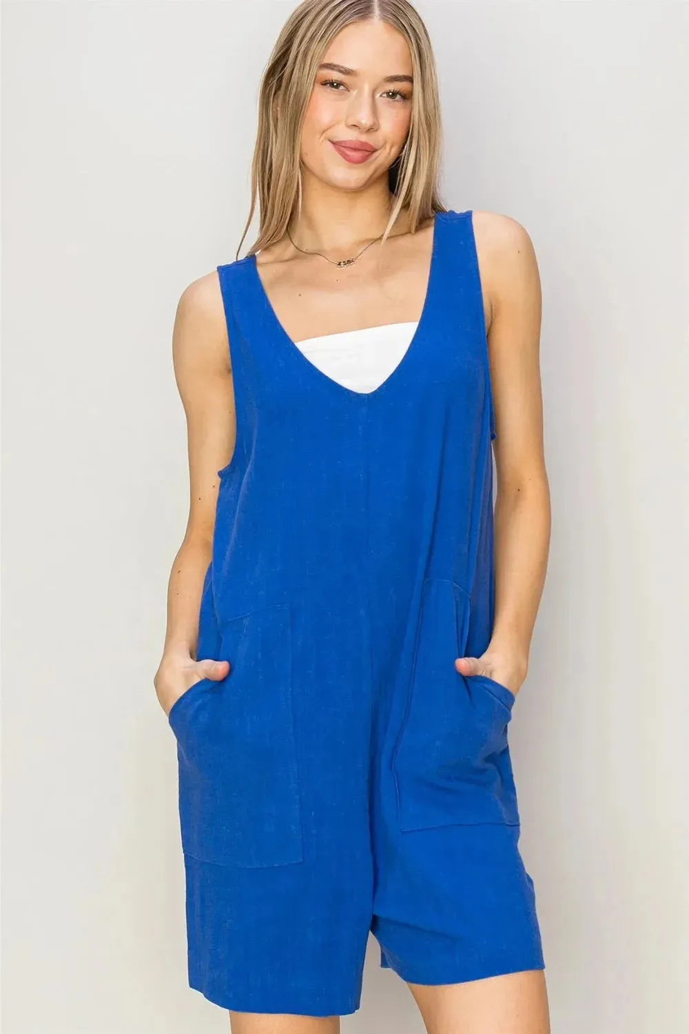 Boho Linen Side Pockets Sleeveless Flowy Romper