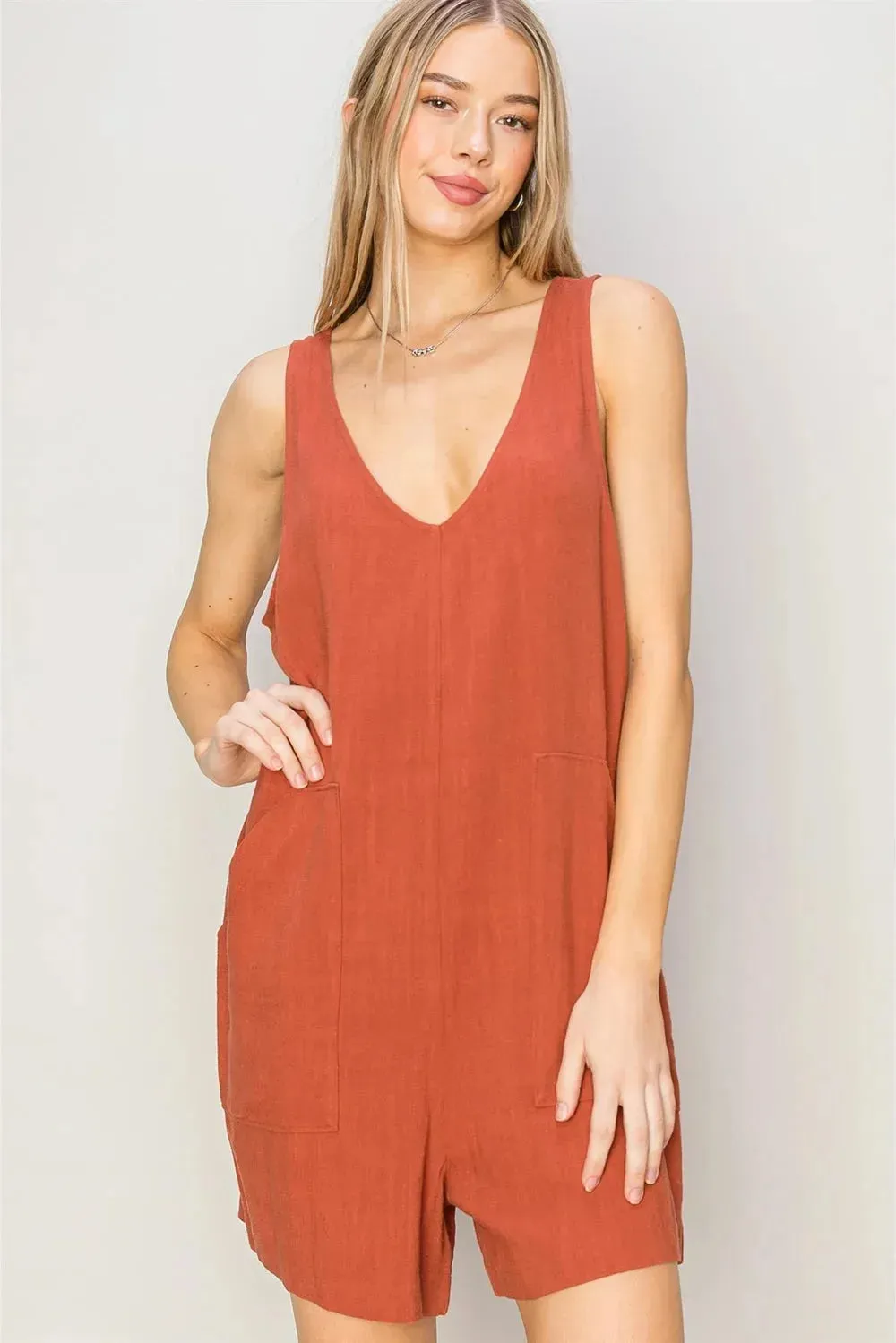 Boho Linen Side Pockets Sleeveless Flowy Romper