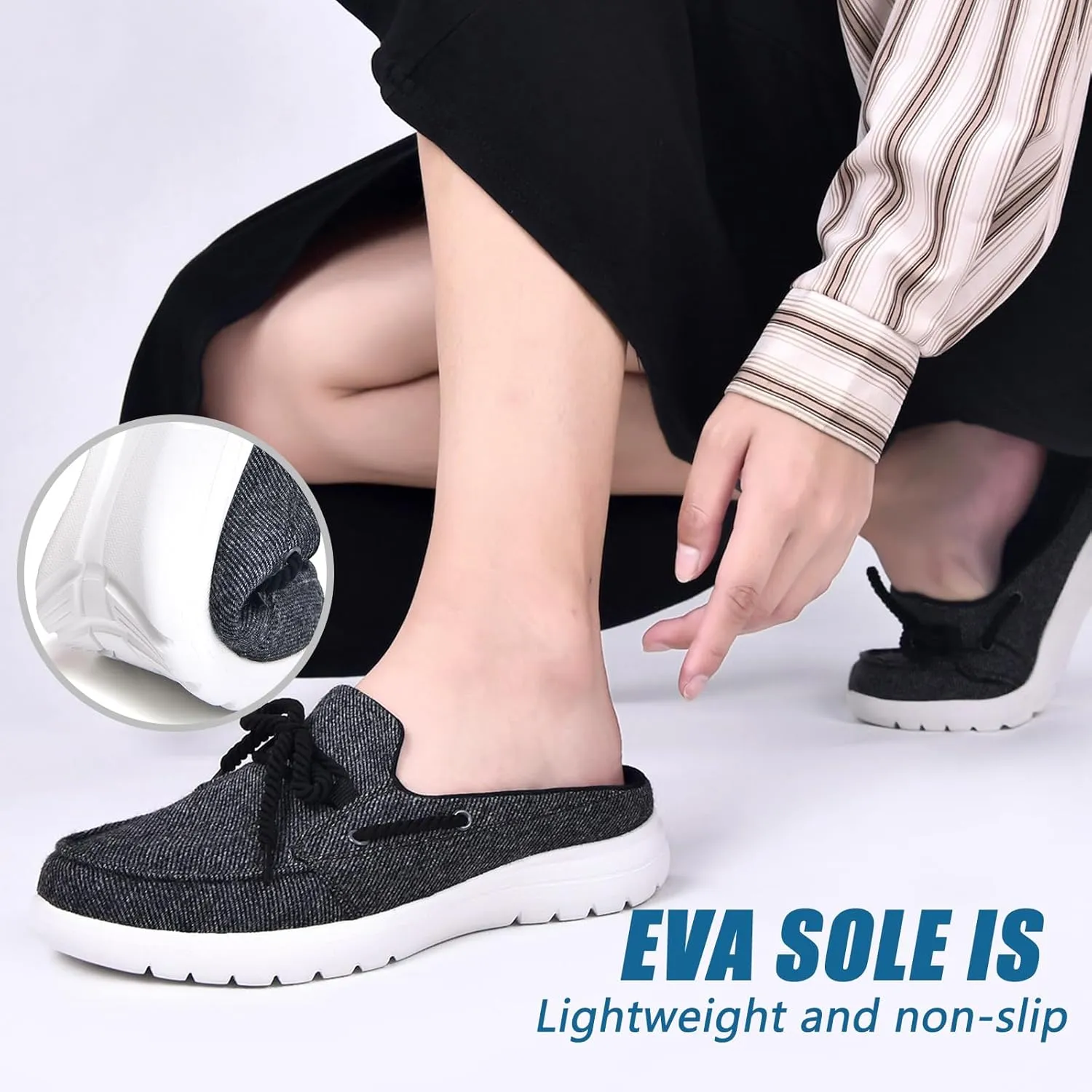 Buyrew Mules for Women Slip on Shoes Comfortable Knit Canvas Walking Flats with Arch Support Breathable Clogs House Slippers