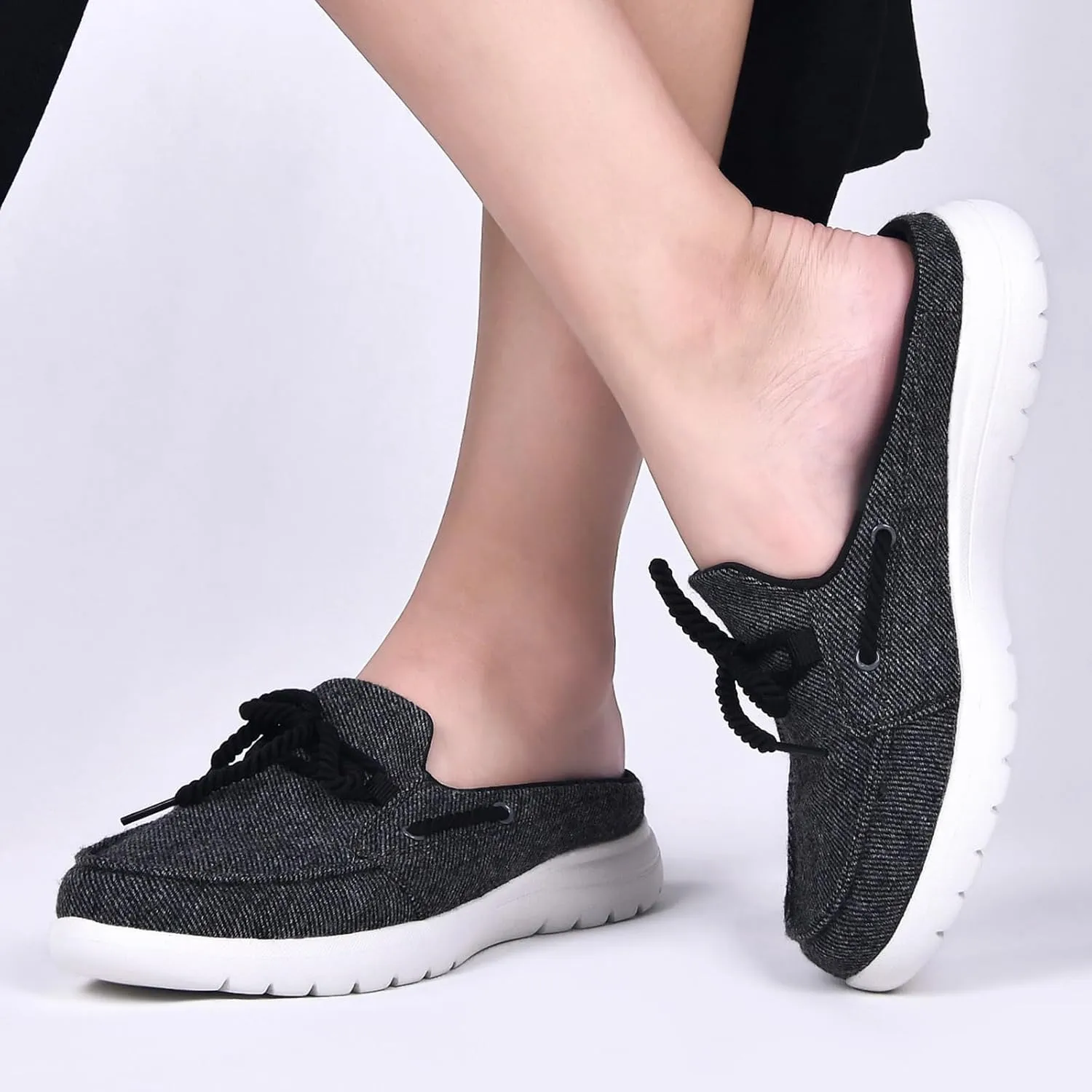 Buyrew Mules for Women Slip on Shoes Comfortable Knit Canvas Walking Flats with Arch Support Breathable Clogs House Slippers