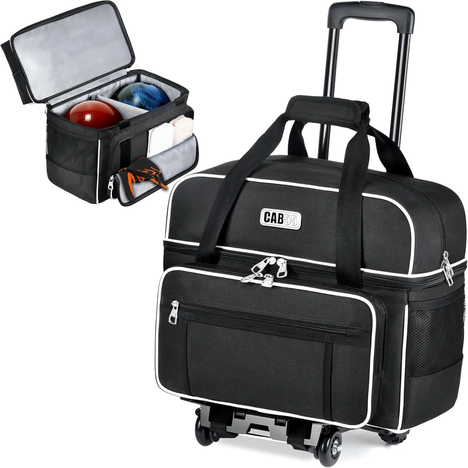 CAB55 2 Ball Bowling Bag with 4 Wheels, Double Bowling Ball Bag with Separate Shoe Compartment, (Up To US Men Size 16), and Multiple Multifunctional Accessory Pockets